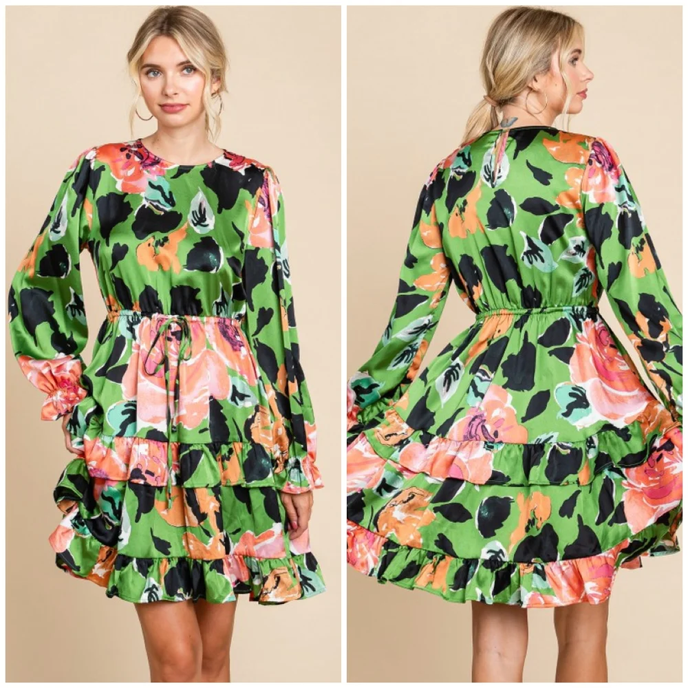JODIFL Green Floral Long Sleeves Short Dress - Picture 4 of 7